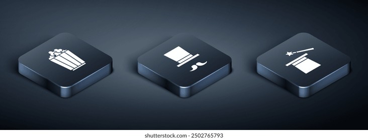Set Isometric Popcorn in box, Magic hat and wand and Magician icon. Vector