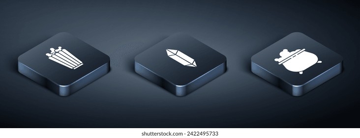 Set Isometric Popcorn in box, Witch cauldron and Magic stone icon. Vector