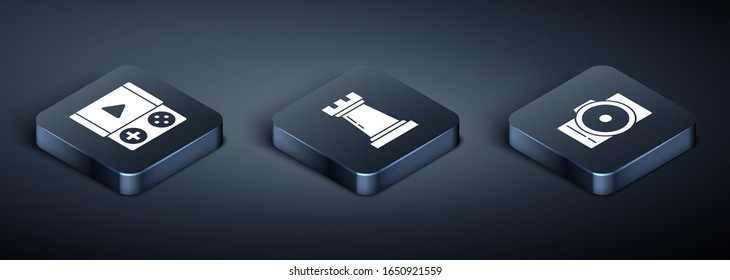 Set Isometric Portable video game console, Photo camera and Chess symbol icon. Vector