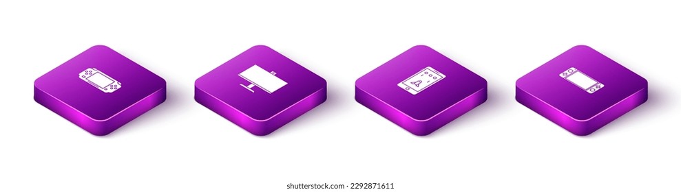 Set Isometric Portable video game console, Computer monitor, Mobile and playing in and  icon. Vector