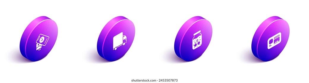 Set Isometric POS terminal, Delivery cargo truck, Jam jar and Identification badge icon. Vector