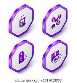 Set Isometric POS terminal, Dollar symbol, Price tag with dollar and Cardboard box free icon. Purple hexagon button. Vector