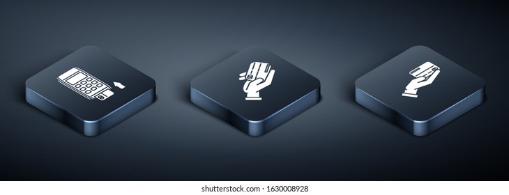 Set Isometric Pos terminal with inserted credit card, Human hand holding with credit card and Human hand holding with credit card icon. Vector