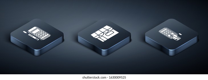 Set Isometric Pos terminal with inserted credit card, Pos terminal with inserted credit card and Shopping building or market store icon. Vector