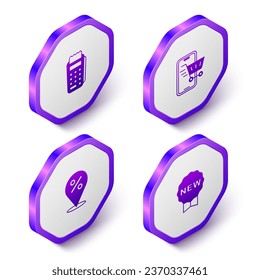 Set Isometric POS Terminal, Mobile mit Einkaufswagen, Location Prozent und Preis-Tag New Symbol. Violett-Hexagon-Taste. Vektorgrafik