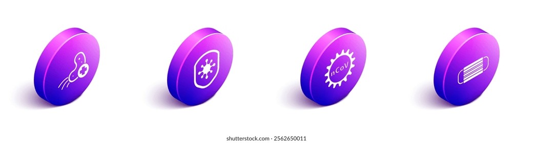 Set Isometric Positive virus, Shield protecting from virus, Corona virus 2019-nCoV and Medical protective mask icon. Vector