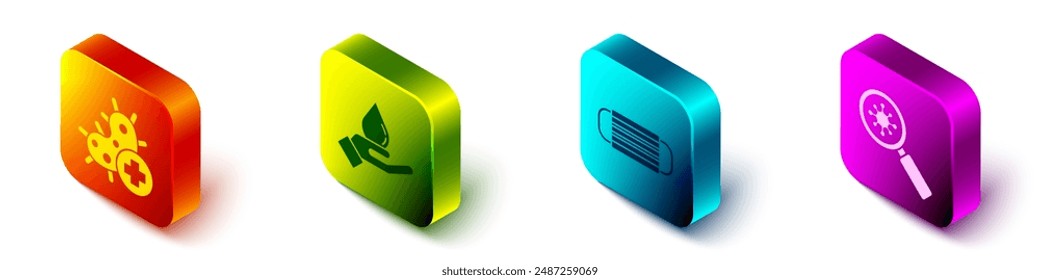 Set Isometric Positive virus, Washing hands with soap, Medical protective mask and Virus under magnifying glass icon. Vector