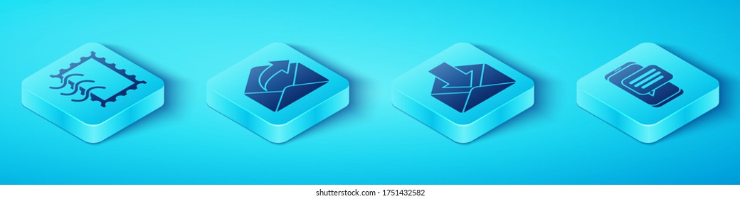 Set Isometric Postal stamp, Outgoing mail, Chat messages notification on phone and Envelope icon. Vector