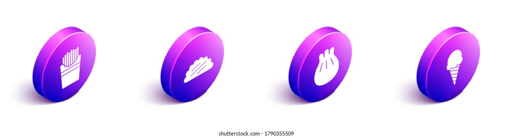 Set Isometric Potatoes french fries in box, Taco with tortilla, Khinkali on cutting board and Ice cream in waffle cone icon. Vector