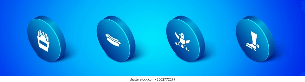 Set Isometric Potatoes french fries in box, Eagle, Cowboy boot and Hotdog sandwich icon. Vector