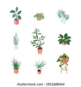 Set Of Isometric Potted Plants. Vector Collection. Illustration In Flat Design.