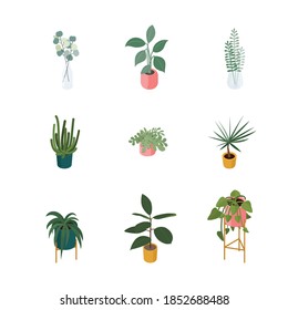 Set Of Isometric Potted Plants. Vector Collection. Illustration In Flat Design.