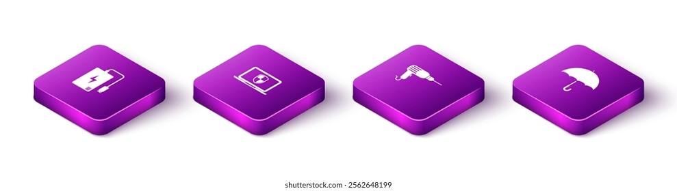 Set Isometric Power bank, Laptop with shield, Drill machine and Umbrella icon. Vector