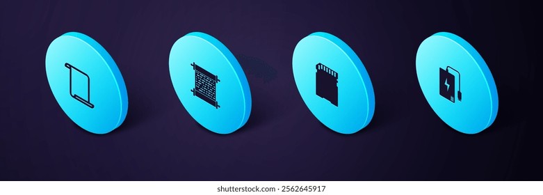 Set Isometric Power bank, SD card, Paper scroll and  icon. Vector