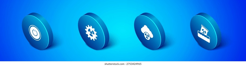 Set Isometric Power button, Acid rain and radioactive cloud, Radioactive waste barrel and  icon. Vector