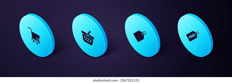 Set Isometric Price tag with Free, Label template price, Shopping basket and cart cursor icon. Vector