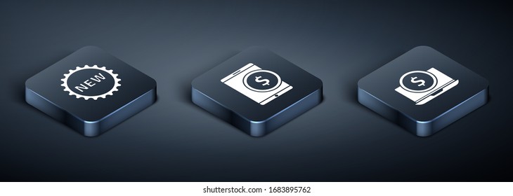 Set Isometric Price tag with New, Laptop with dollar and Tablet with dollar icon. Vector