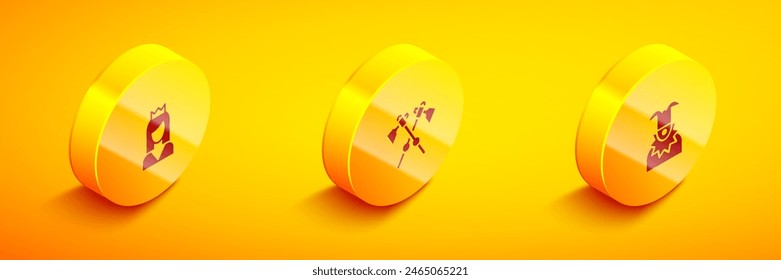 Conjunto de Princesa Isométrica, Ejes medievales cruzados e icono de cabeza Joker. Vector