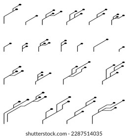 Set of isometric printed circuit board PCB tracks silhouettes isolated on white background. Isometric Technical clipart with lines and dots. Vector design element.