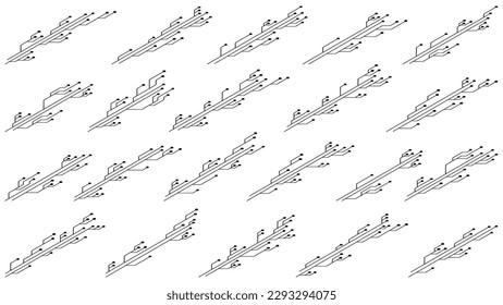 Conjunto de siluetas de circuitos impresos isométricos de circuitos impresos de PCB en trazos aislados sobre fondo blanco. Clipart técnico isométrico con líneas y puntos. Elemento de diseño.