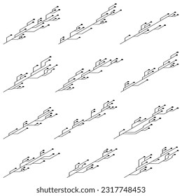 Set of isometric printed circuit board PCB tracks silhouettes isolated on white background. Isometric Technical clipart with lines and dots. Vector design element.