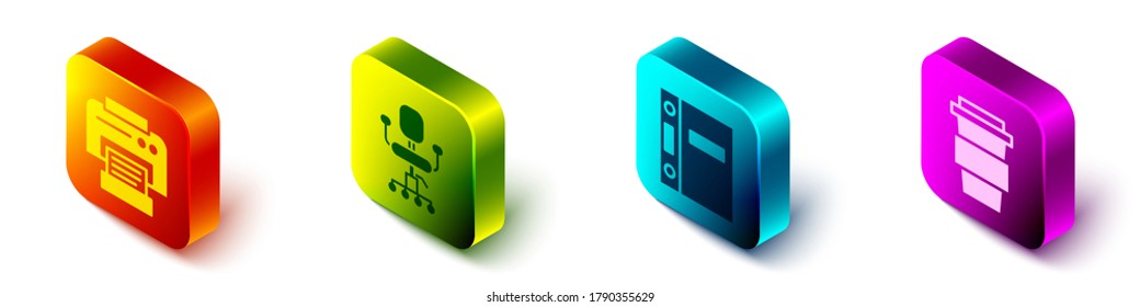 Establezca la impresora isométrica, la silla de Office, las carpetas de Office y la taza de café en el icono. Vector