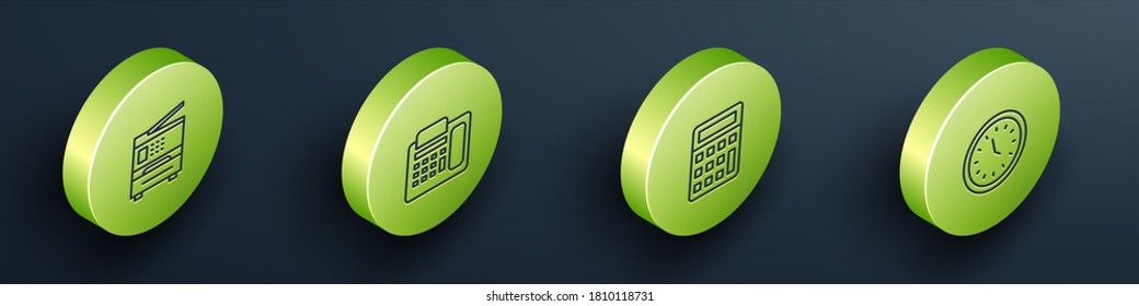 Establezca el icono Impresora isométrica, Teléfono, Calculadora y Reloj. Vector