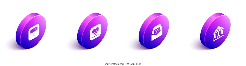 Set Isometric Prison cell door, Heart rate, Mail and e-mail and Courthouse building icon. Vector