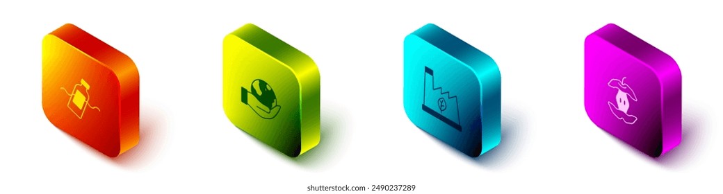 Set Isometric The problem of pollution, Hand holding Earth globe, Plant recycling garbage and Apple core icon. Vector