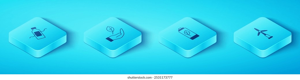 Set Isometric The problem of pollution, Leaf in hand, Wind turbine and Eco nature leaf battery icon. Vector