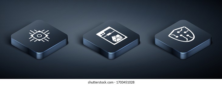 Set Isometric Processor, Cyber security and 3D printer icon. Vector