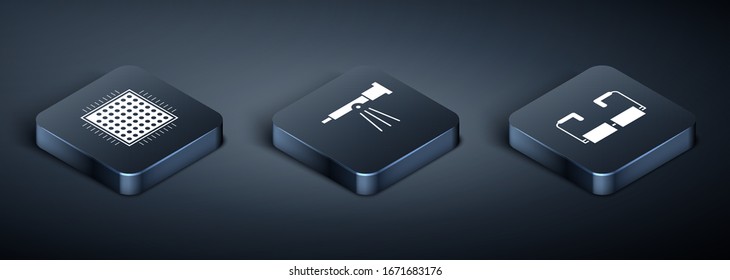 Set Isometric Processor, Glasses and Telescope icon. Vector