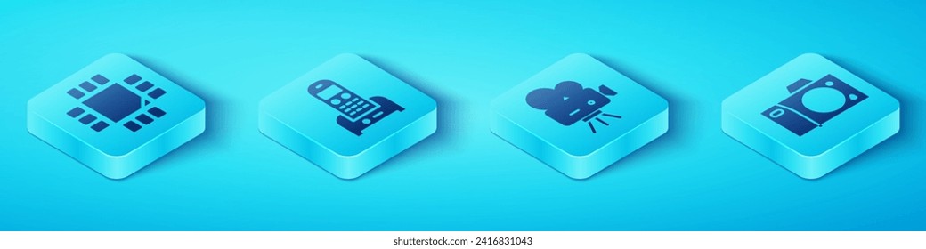 Set Isometric Processor with microcircuits CPU, Telephone, Photo camera and Retro cinema camera icon. Vector