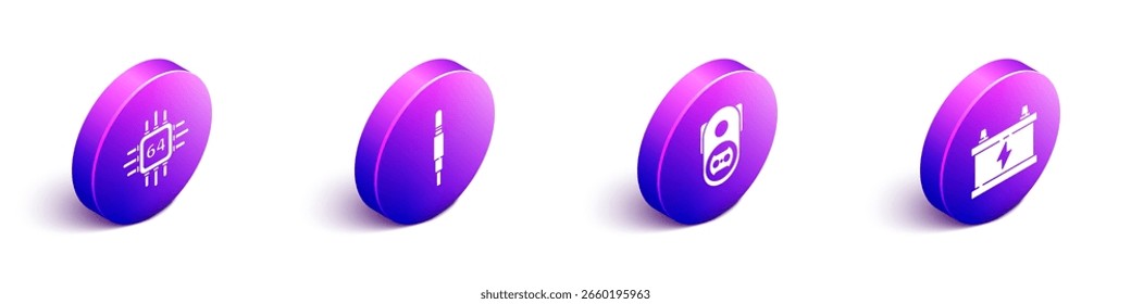 Defina o processador isométrico com CPU de microcircuitos, tomada de áudio, tomada elétrica e ícone de bateria de carro. Vetor