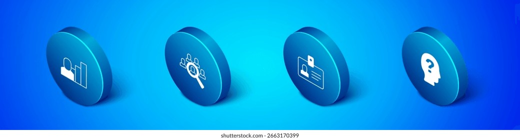 Conjunto humano productivo isométrico, insignia de Identificación, trabajador y lupa para el ícono de búsqueda de trabajo. Vector