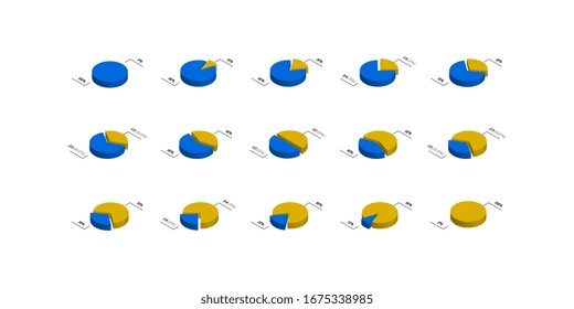 Set of isometric progress bars with percentage. Modern pie chart infographic design template. Vector diagrams easy to edit and customize. EPS10