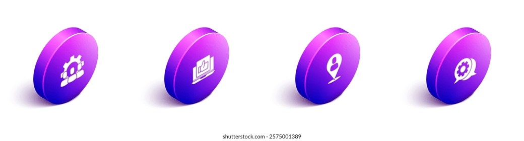 Set Isometric Project team base, Hand like, Worker location and Speech bubble chat icon. Vector