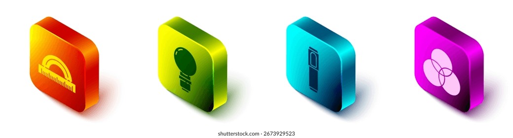 Set Isometric Protractor, Light bulb, Marker pen and RGB and CMYK color mixing icon. Vector