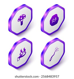 Set Isometric Psilocybin mushroom, Magic runes, Hand holding fire and wand icon. Purple hexagon button. Vector