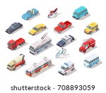 Set of isometric public and personal transport vehicles isolated icons. Colorful trucks, ambulance emergency and fire engine, police car, bicycle and buses vector
