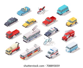 Set of isometric public and personal transport vehicles isolated icons. Colorful trucks, ambulance emergency and fire engine, police car, bicycle and buses vector