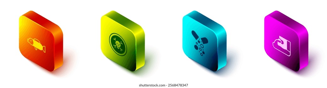 Set Isometric Puffer fish, Bones and skull, Poisoned pill and Wastewater icon. Vector