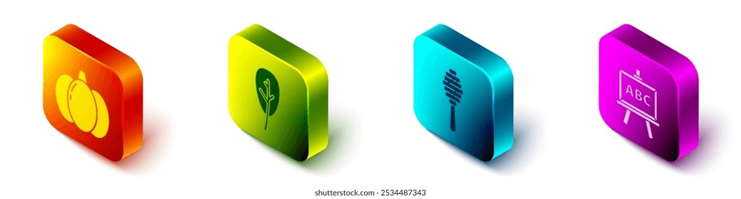 Set Isometric Pumpkin, Leaf or leaves, Honey dipper stick and Chalkboard icon. Vector