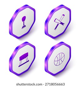 Conjunto de saco de boxeo isométrico, bate de béisbol cruzado, caballo de pomo e icono de baloncesto. Botón hexagonal púrpura. Vector