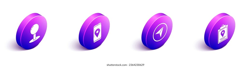 Set Isometric Push pin, Mobile with app delivery tracking, Infographic of city map navigation and Document tracking marker system icon. Vector