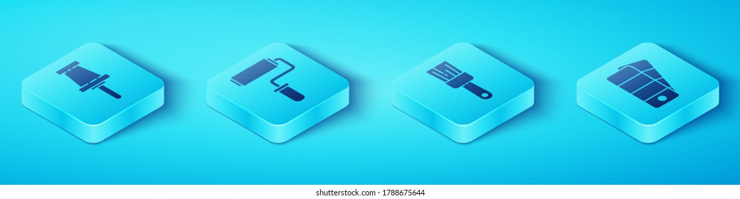 Set Isometric Push pin, Paint roller brush, Palette and Paint brush icon. Vector