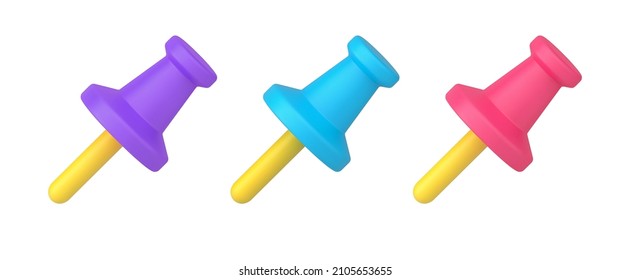 Set isometric pushpins stationery supply comfortable attaching paper documents to wall 3d icon vector illustration. Collection push pins with yellow needle for fixing important task reminders isolated