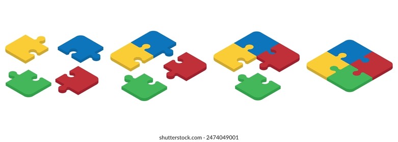 Set of Isometric puzzle pieces. Concept of teamwork, communication, problem or challenge solution. Vector illustration. Eps 10.