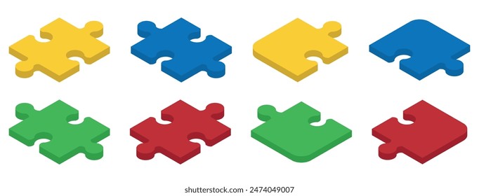 Conjunto de piezas de rompecabezas isométricos. Concepto de trabajo en equipo, comunicación, solución de problemas o desafíos. Ilustración vectorial. Eps 10.