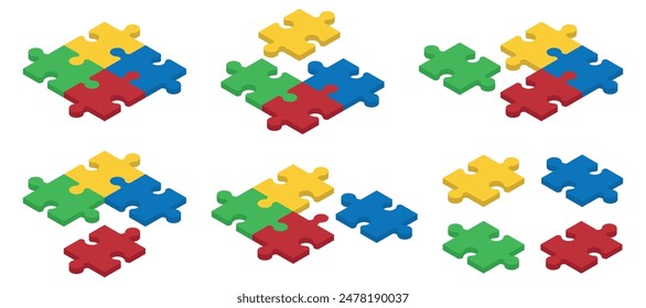 Set of Isometric puzzle pieces. Concept of teamwork, communication, problem or challenge solution. Vector illustration. Eps 10.